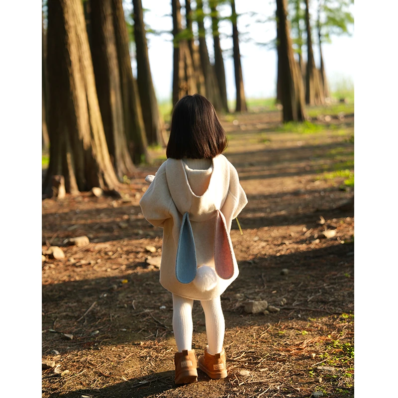 AnyinGirl【双耳兔】中小女童高端手缝羊毛大衣女宝宝卡通保暖外套