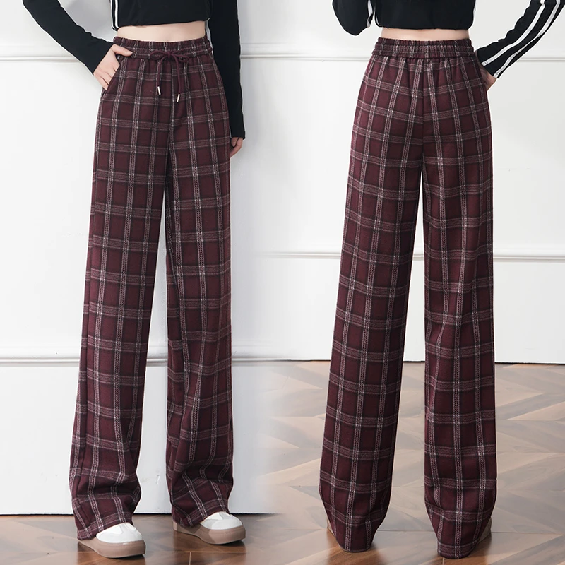休闲高腰格子阔腿裤女2024秋冬季新款韩版减龄宽松显瘦拖地长裤潮