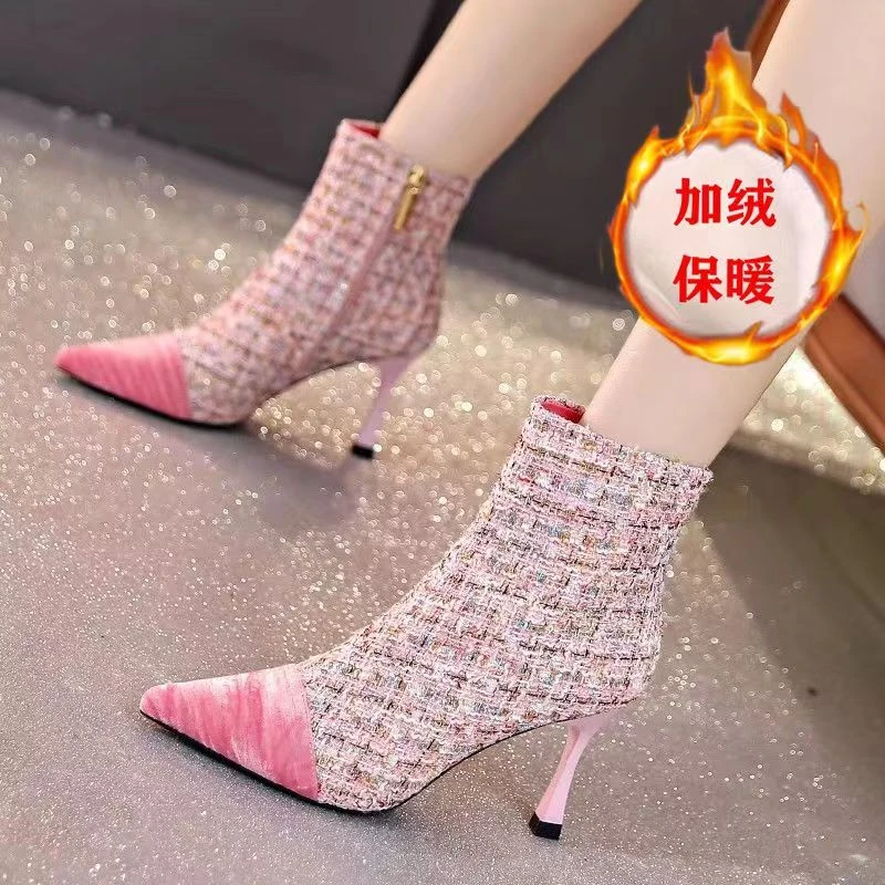 高级感小香风短靴女冬季时尚加绒保暖高跟裸靴百搭气质尖头时装靴
