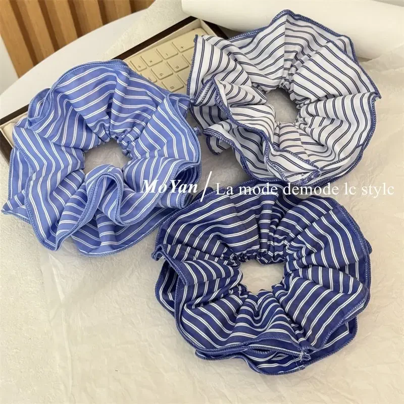 韩系少女蓝色系条纹双层大肠发圈百搭低马尾发绳扎发皮筋头绳发饰