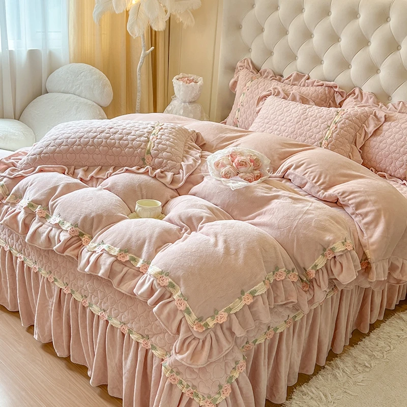 仙气高级感花边牛奶绒冬季四件套公主风被套珊瑚毛绒床单床盖床品