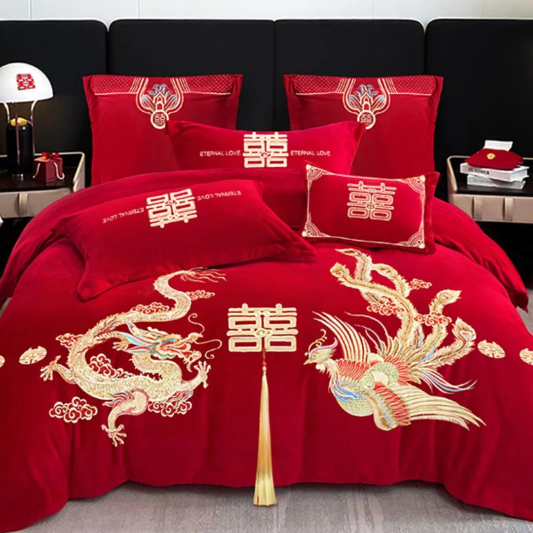 秋冬结婚牛奶绒四件套大红色婚庆珊瑚绒床单龙凤刺绣被套床上用品