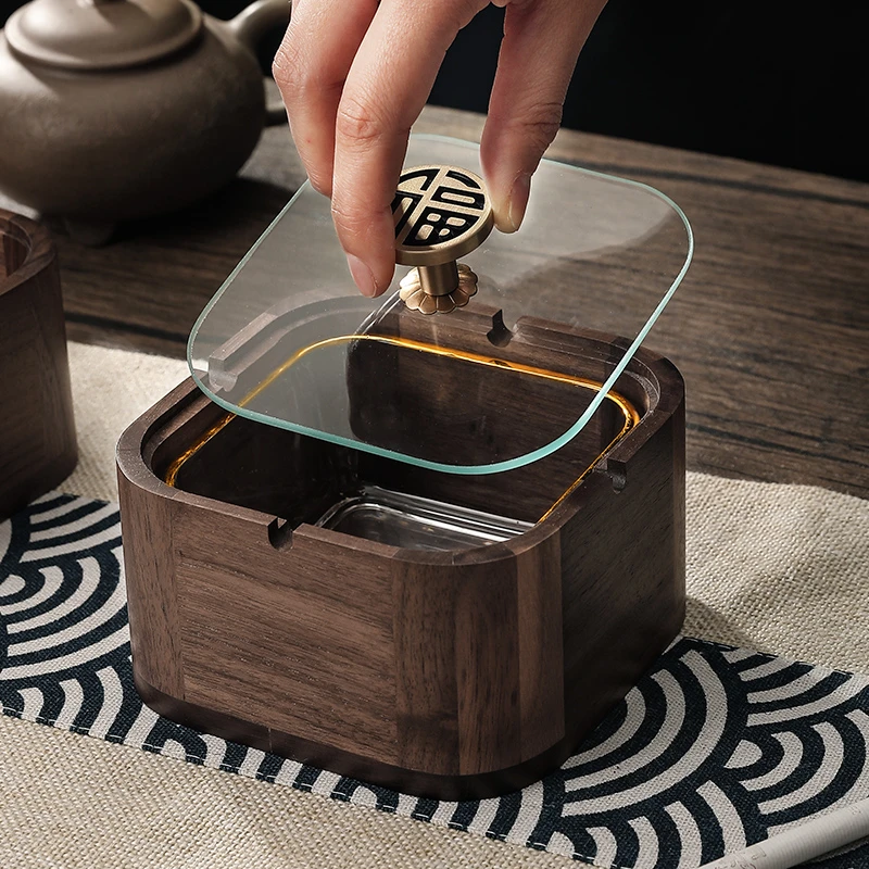创意胡桃木烟灰缸家用客厅办公室带盖防飞灰中式复古轻奢高级烟缸