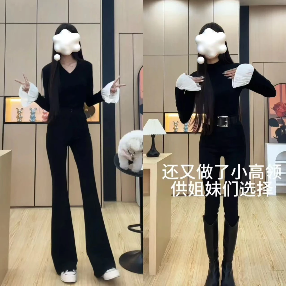 【欣悦高个子】设计感V领/小高领拼接喇叭袖