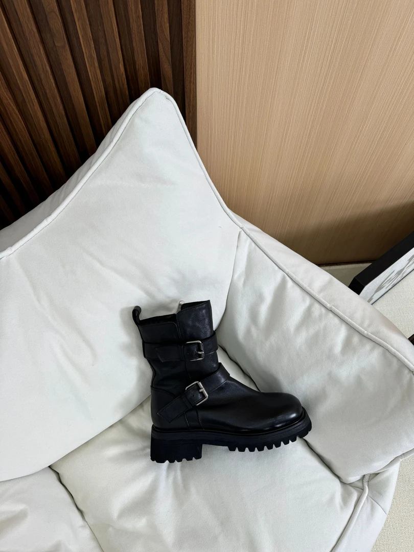 3209-1马皮复古方扣中筒靴冬季百搭黑色厚底英伦风秋冬圆头