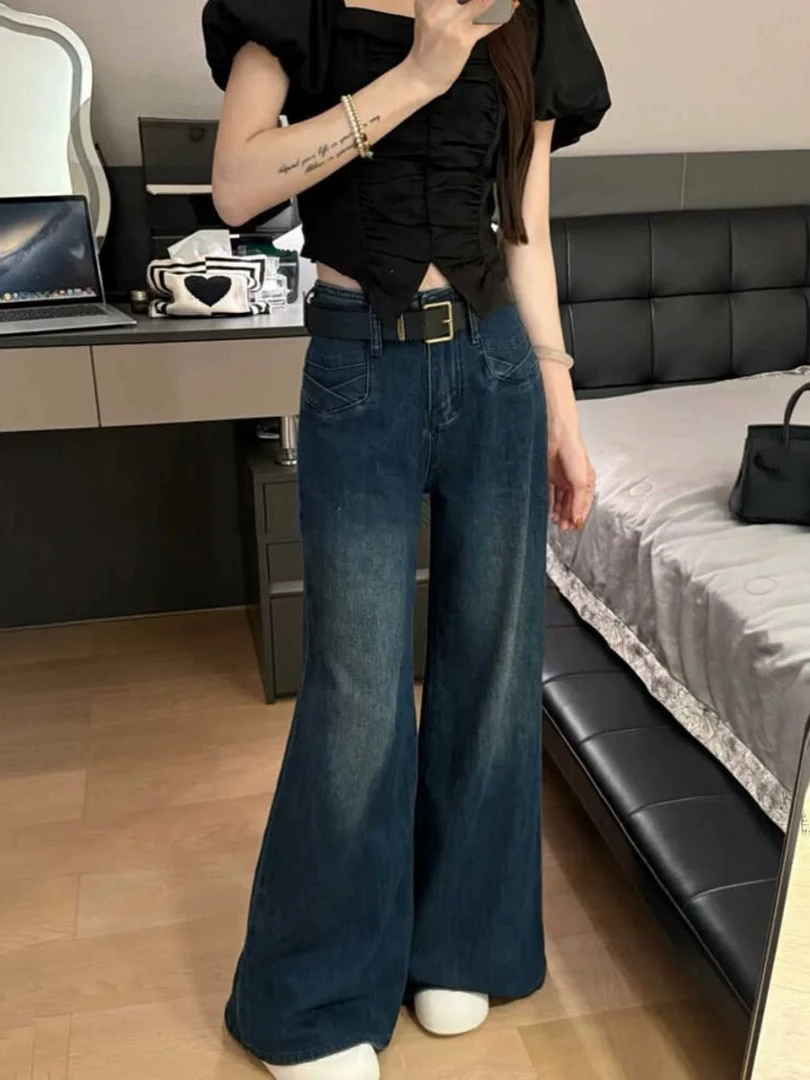 显瘦复古水洗弹力深蓝高腰牛仔裤