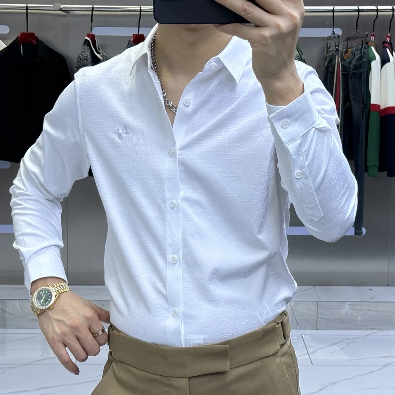 男士新款秋季百搭修身纯色商务帅气韩版简约潮流长袖衬衫