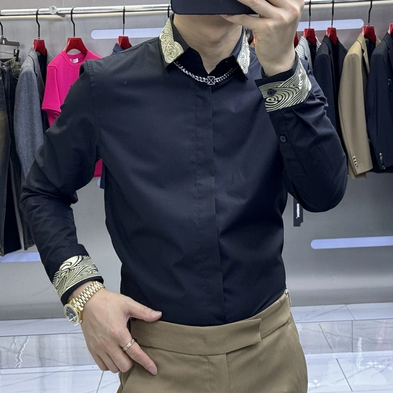 男士新款网红时尚百搭高品质潮流帅气轻奢长袖衬衫衬衣休闲修身