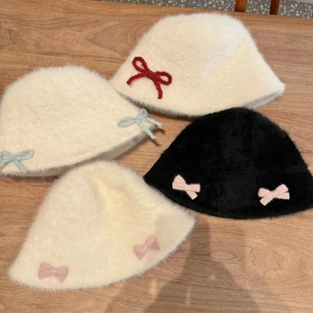 原创秋冬蝴蝶结帽子氛围感渔夫帽水桶帽遮脸兔毛可爱毛绒韩版