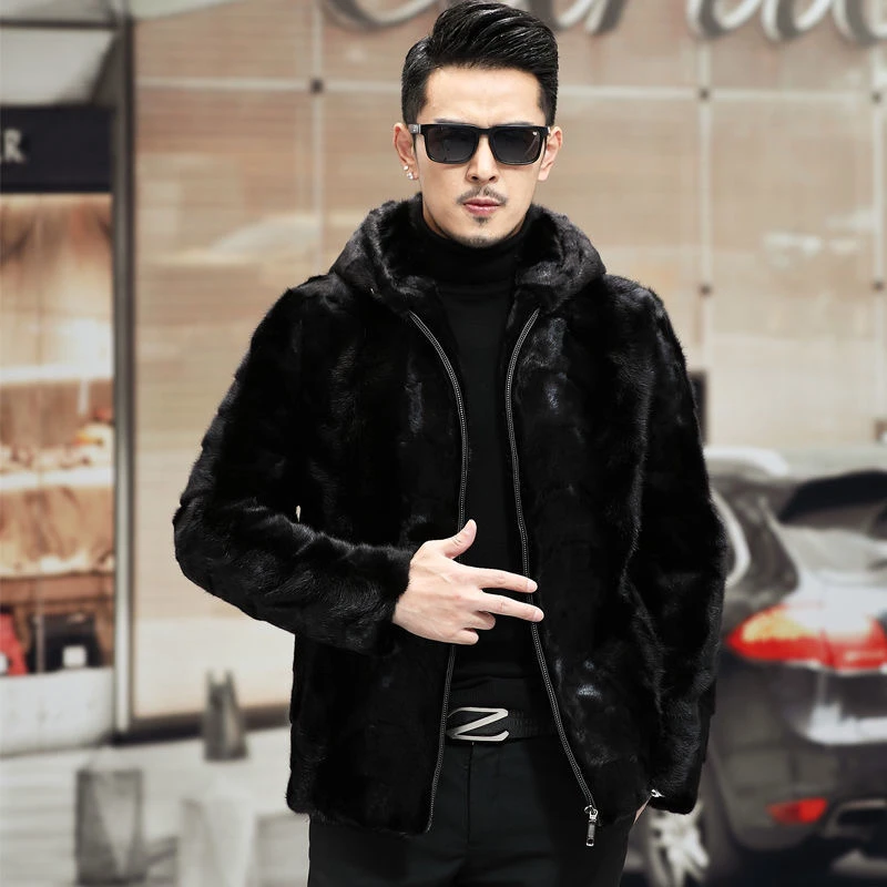 新款冬季男士时尚休闲连帽水貂皮毛一体保暖加厚男款印花带帽黑色