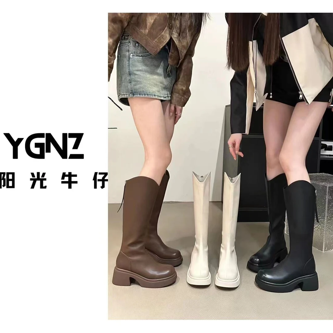 【阳光牛仔】内里加绒【松糕底】7公分百搭骑士长筒靴