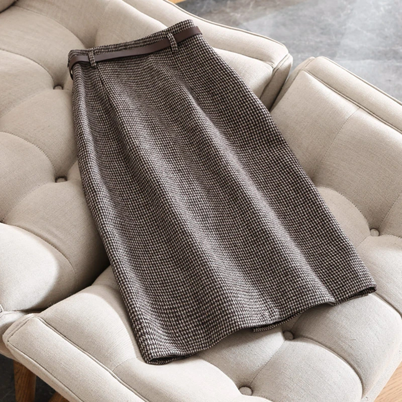 XJWSRY/轩骏千鸟格包臀裙A字半身裙法式拉链格子系带韩版中长版