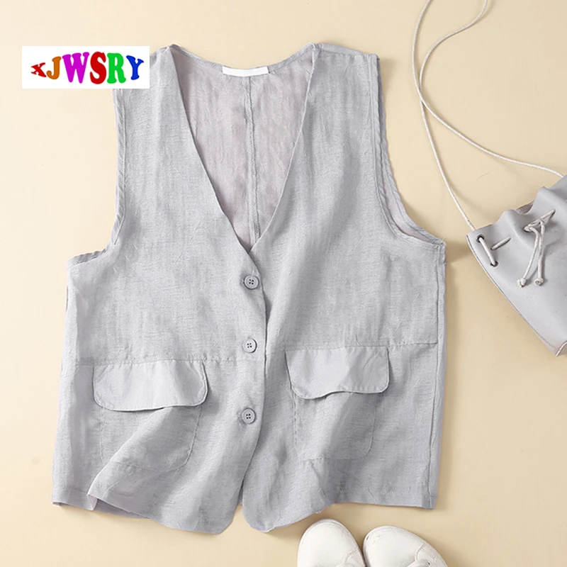 女士薄款棉麻马甲文艺宽松坎肩短款外套开衫透气休闲韩版马夹显瘦