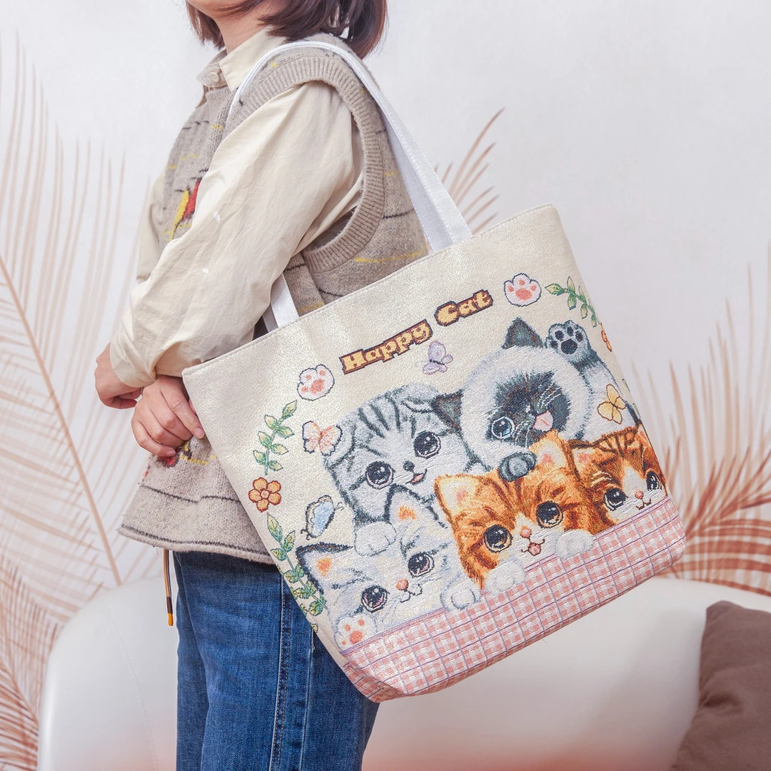 【大包帆布 粉五只猫咪】时尚帆布提花刺绣单肩包上班通勤百搭包