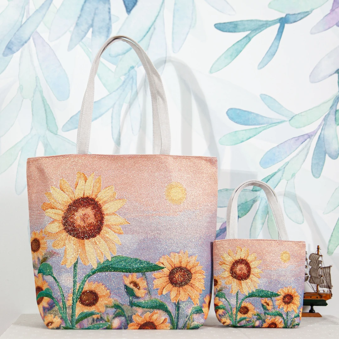 粉色葵花 百搭帆布包ins大容量单肩包手提包提花刺绣上班族女包1