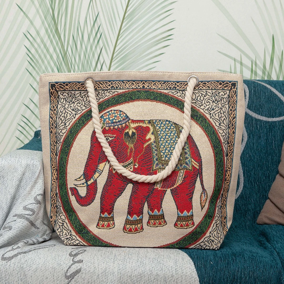 【大包金丝 米底圆圈大象】38*43cm帆布包提花绣上班休闲单肩包