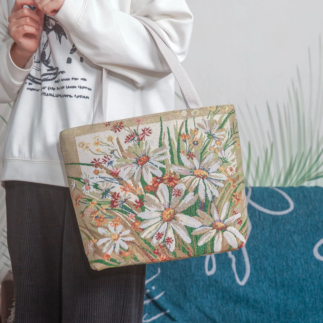 【中包帆布 雏菊】28*38cm气质女款帆布包包提花刺绣单肩包手提袋