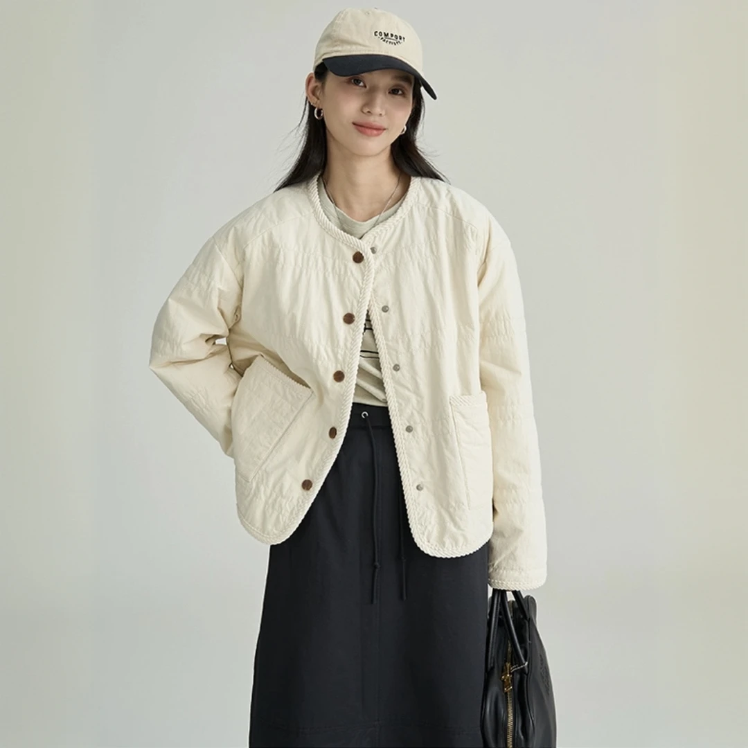 百搭小个子保暖棉服外套女冬季2024新款宽松显瘦口袋简约排扣棉衣