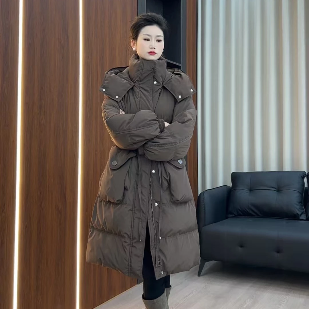 ZROCHYMUN新款加厚白鸭绒连帽收腰羽绒服拇指大口袋冬季时尚过膝8