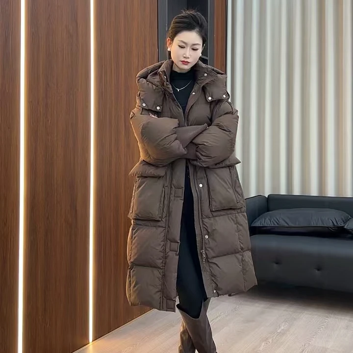 ZROCHYMUN新款加厚白鸭绒连帽宽松款羽绒服大口袋冬季时尚过膝2