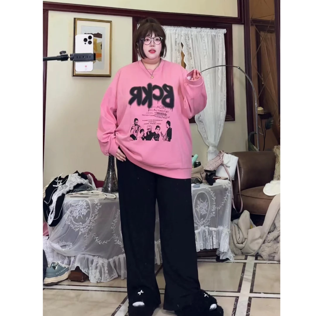 复古涂鸦脏粉色美式卫衣女春秋oversize新款秋季宽松朋克上衣