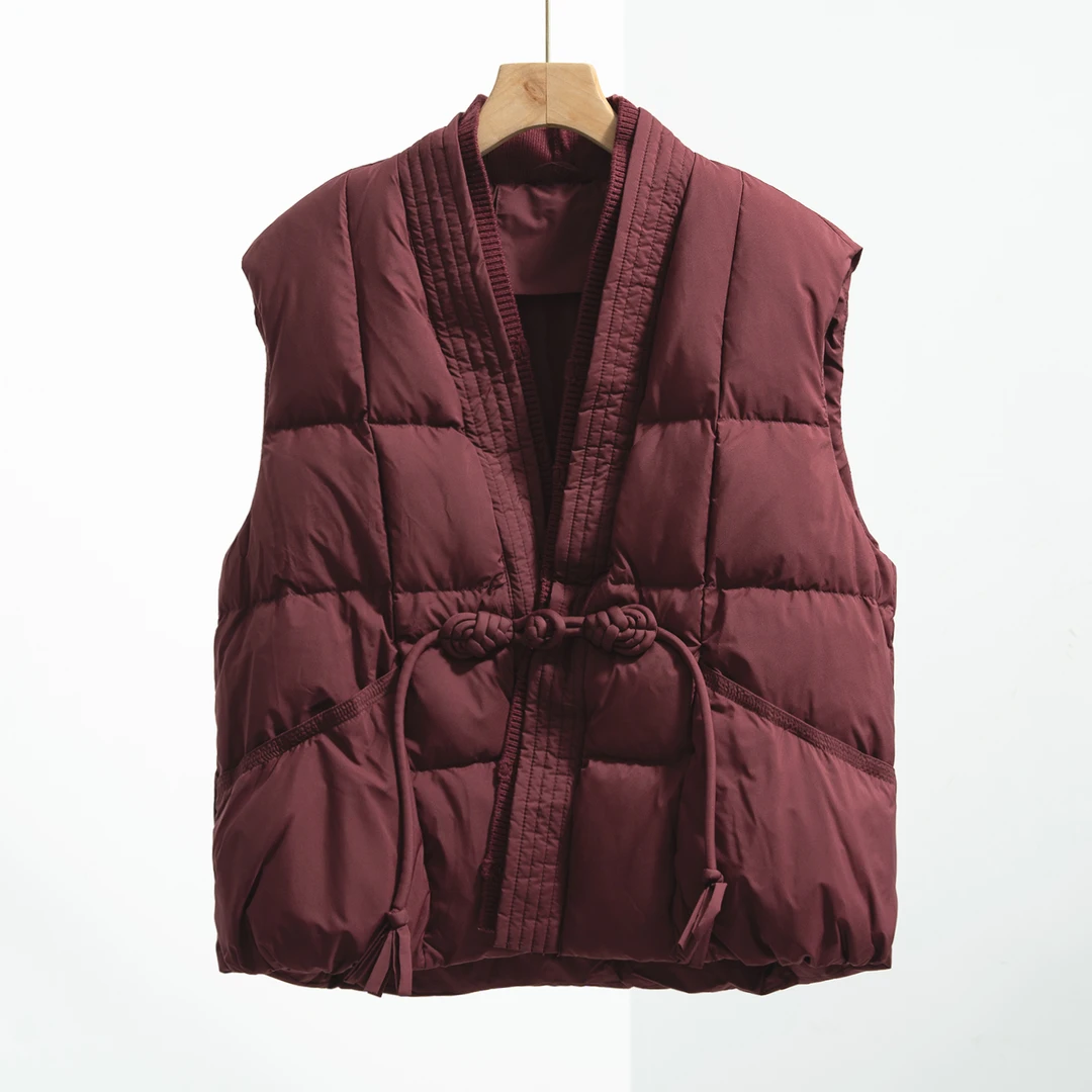 冬季新中式V领复古马夹女宽松显瘦设计感盘扣坎肩