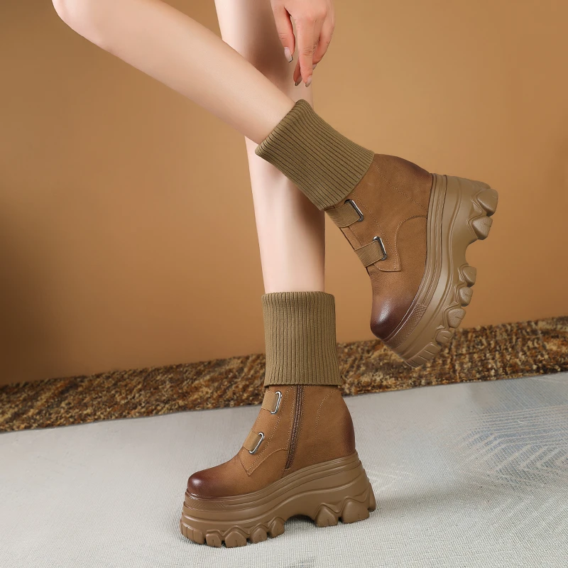 真皮内增高12cm女鞋时尚高端厚底女鞋小个子增高厚底加绒高筒靴