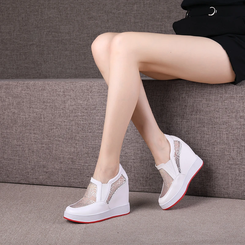 内增高12cm女鞋超高跟休闲显瘦春夏透气网纱真皮镂空坡跟厚底单鞋