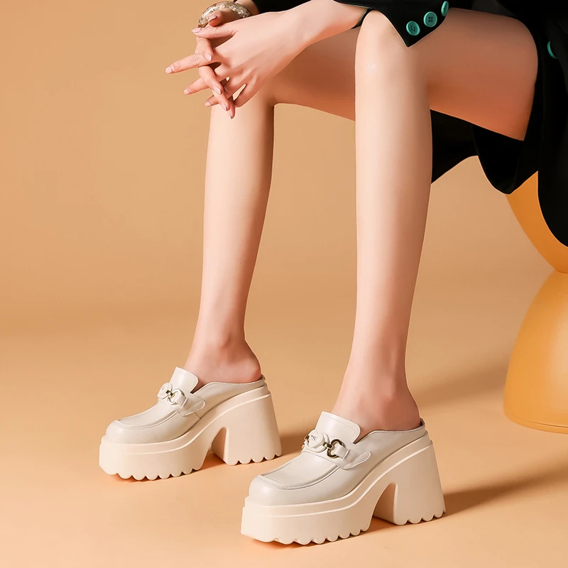 10cm真皮包头半拖鞋女高跟夏季新款外穿时尚休闲粗跟增高厚底女鞋