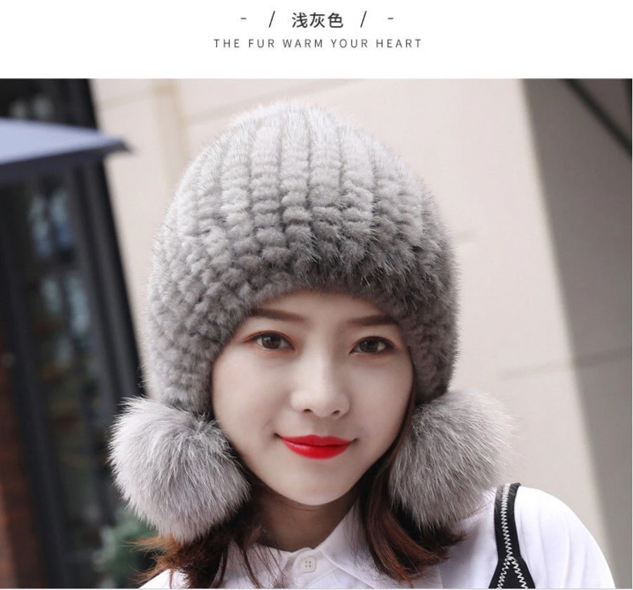 新款水貂帽子女秋冬季水貂毛加厚保暖编织狐狸毛球护耳皮草帽子