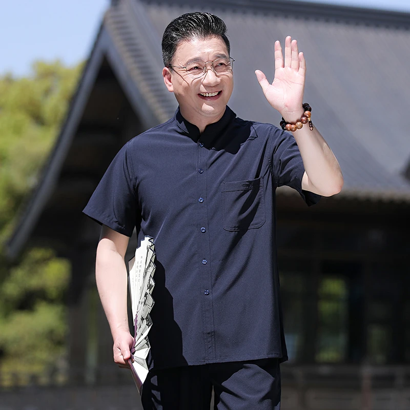 夏季新款纯色半袖薄款休闲短袖T恤上衣中老年唐装爸爸套装宽松