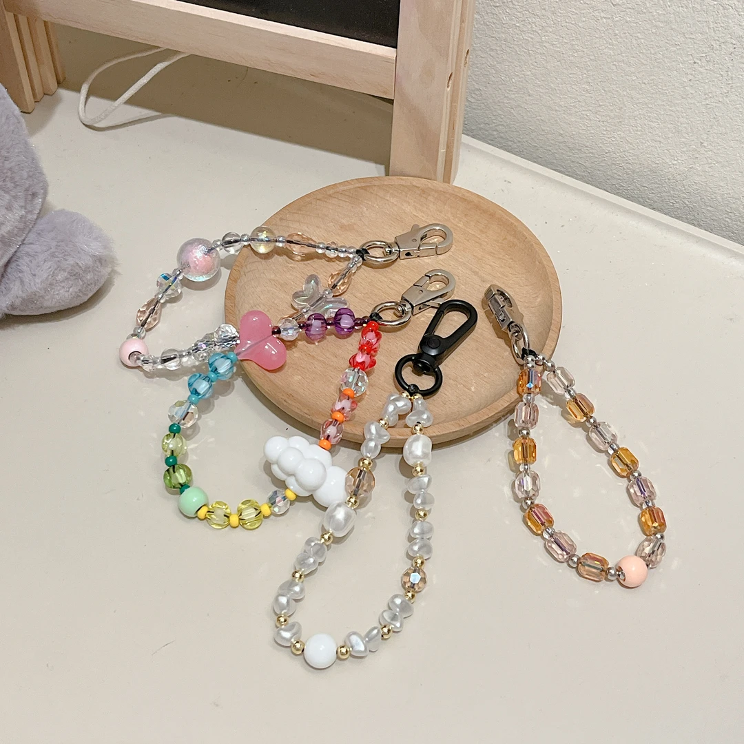 ins新款diy手工彩色链条手机包包通用挂链水晶珍珠短链挂饰