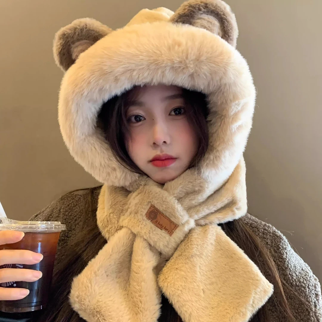 小熊帽子围巾一体女冬天骑车毛绒围脖加绒冬季保暖可爱两件套