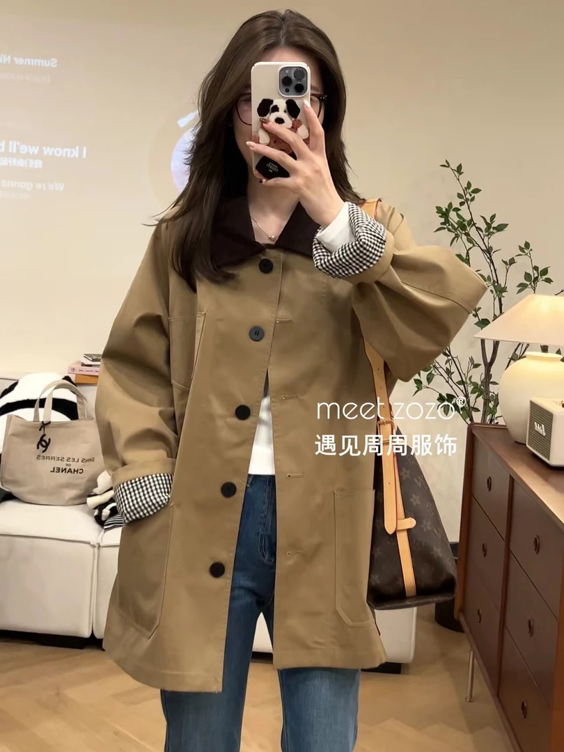 MEET ZOZO【周周】《焦糖玛奇朵》秋雅丹拼接格纹袖中长风衣女149051