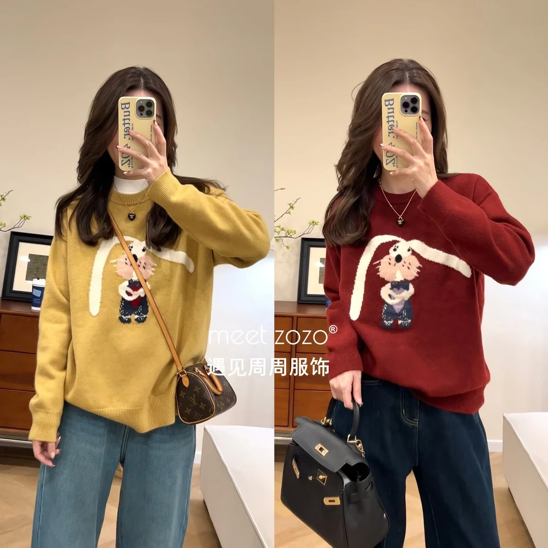 MEET ZOZO【周周】“俏皮长耳兔”冬季时尚韩版花圆领保暖毛衣1410203