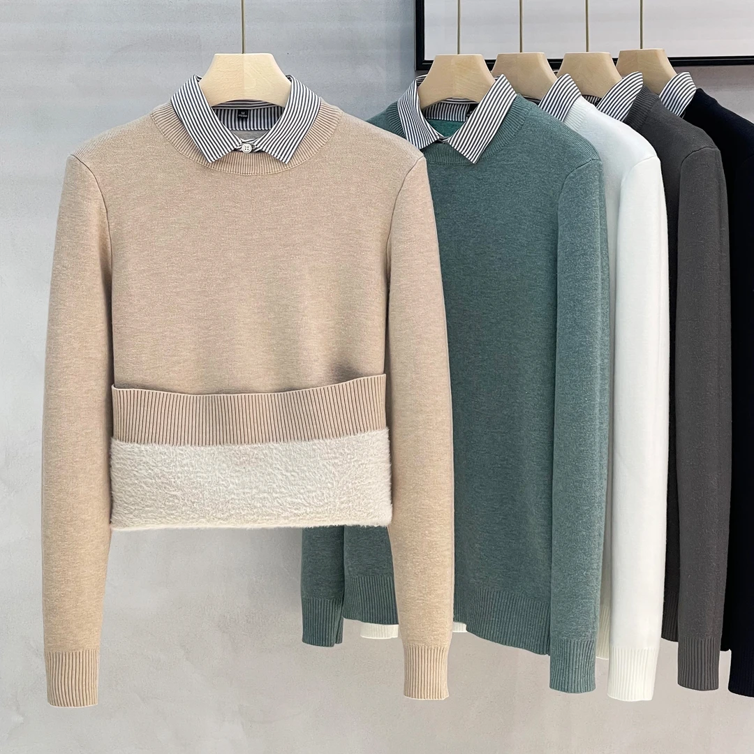 男士衬衫领假两件毛衣加绒加厚一体绒打底衫针织衫商务毛线上衣男