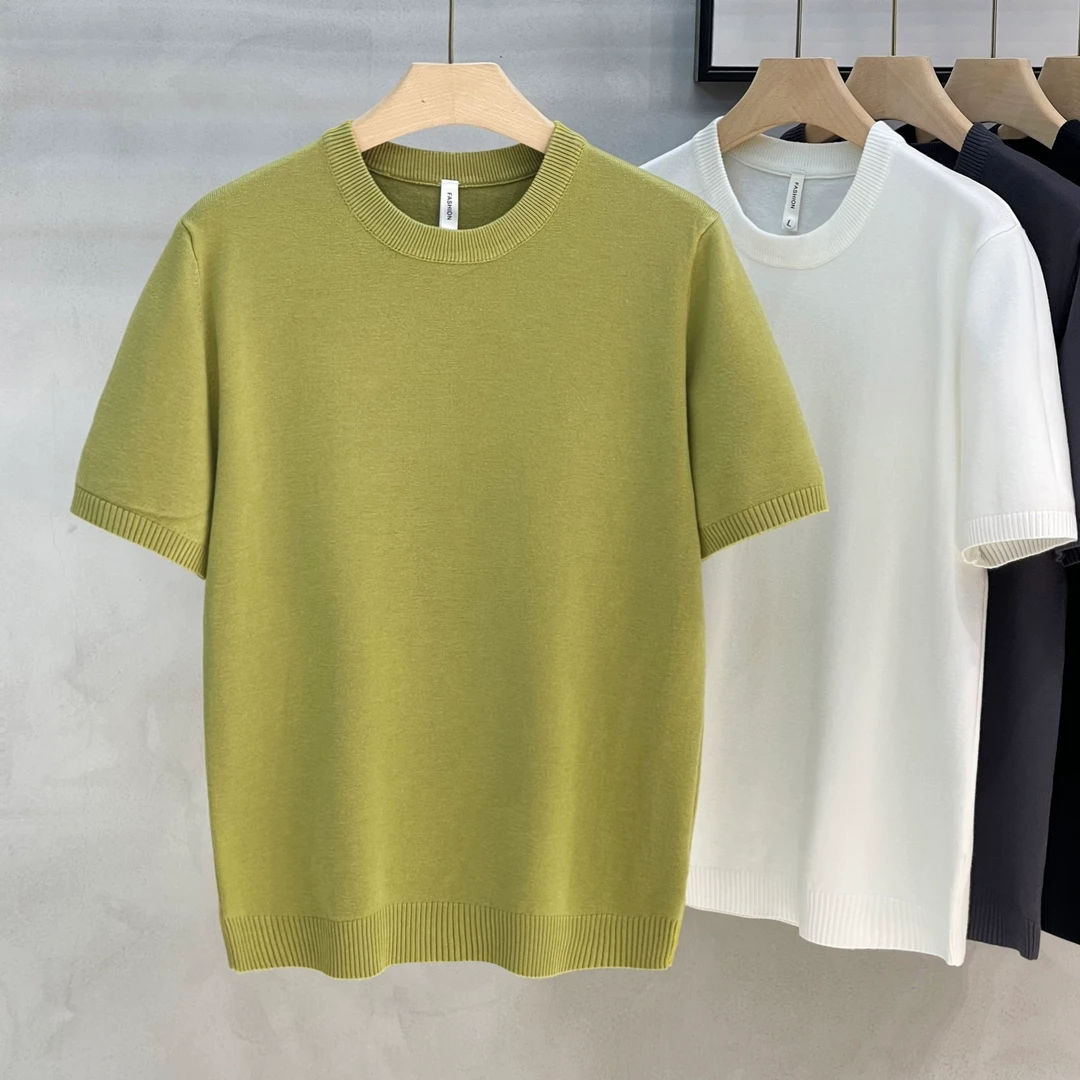 仿羊绒短袖毛衣男款秋冬季美式男士针织毛衣半袖纯色打底衫男上衣