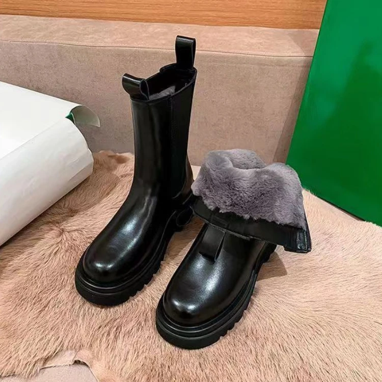 加绒秋冬棉靴切尔西靴加绒加厚皮毛冬季雪地靴女冬烟筒中筒靴棉靴