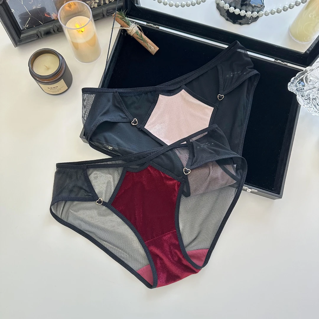 欧美性感蕾丝内裤女丝绒网纱三角裤低腰镂空女士内裤