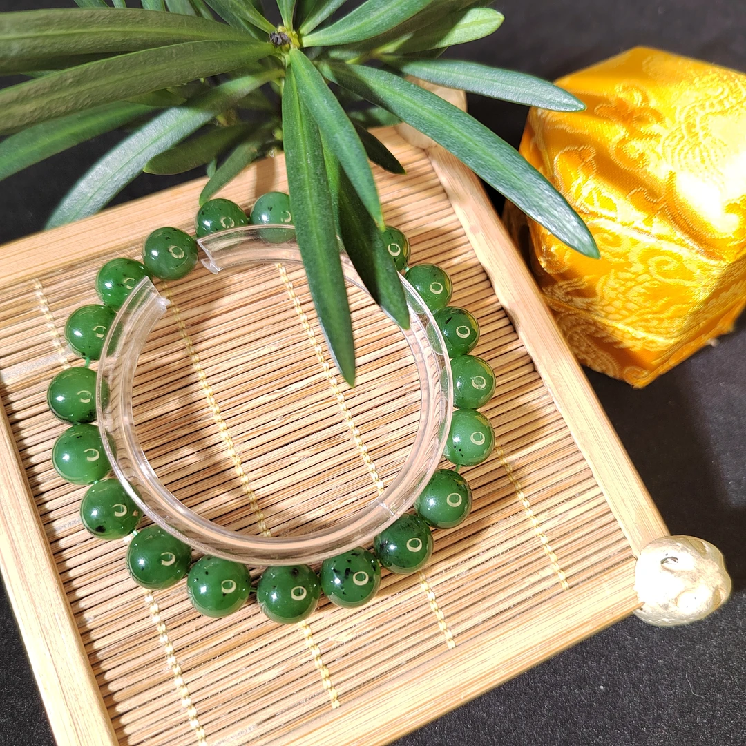 天然和田玉碧玉单圈素圈9-10mm菠菜绿和田玉圆珠简约款玉手串9624