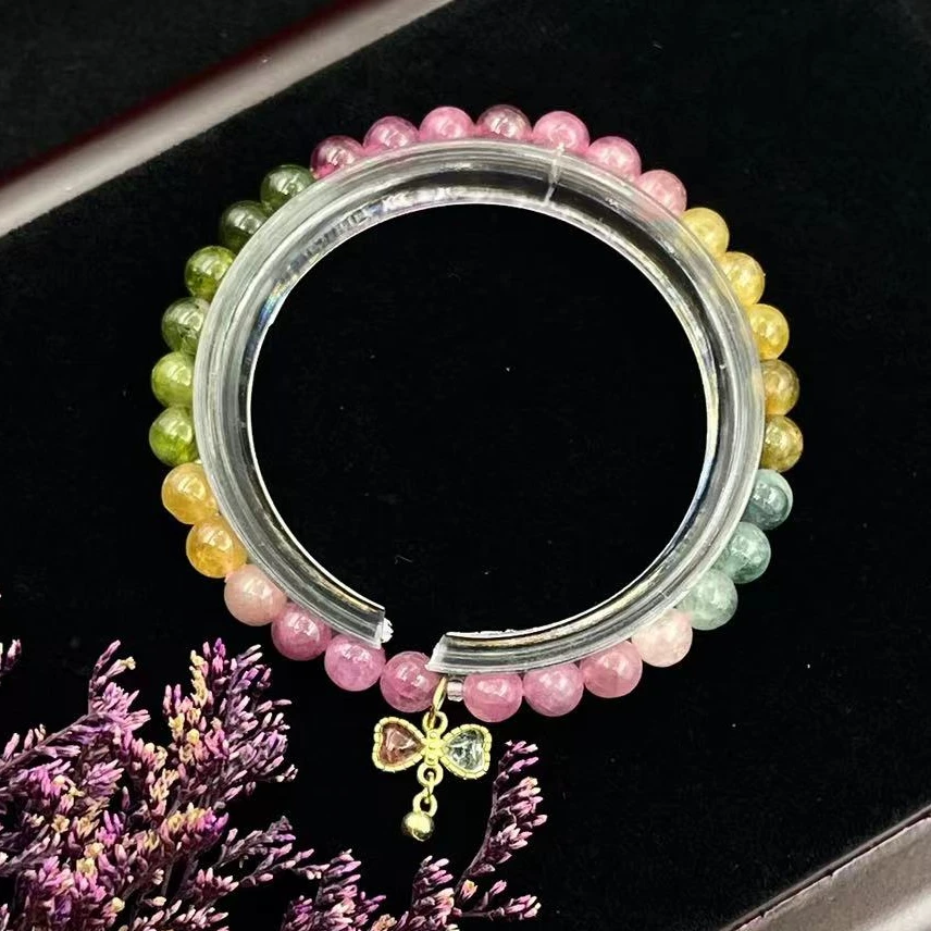 单圈彩虹碧玺小蝴蝶手串5mm女款天然碧玺彩色百搭精美手串9656