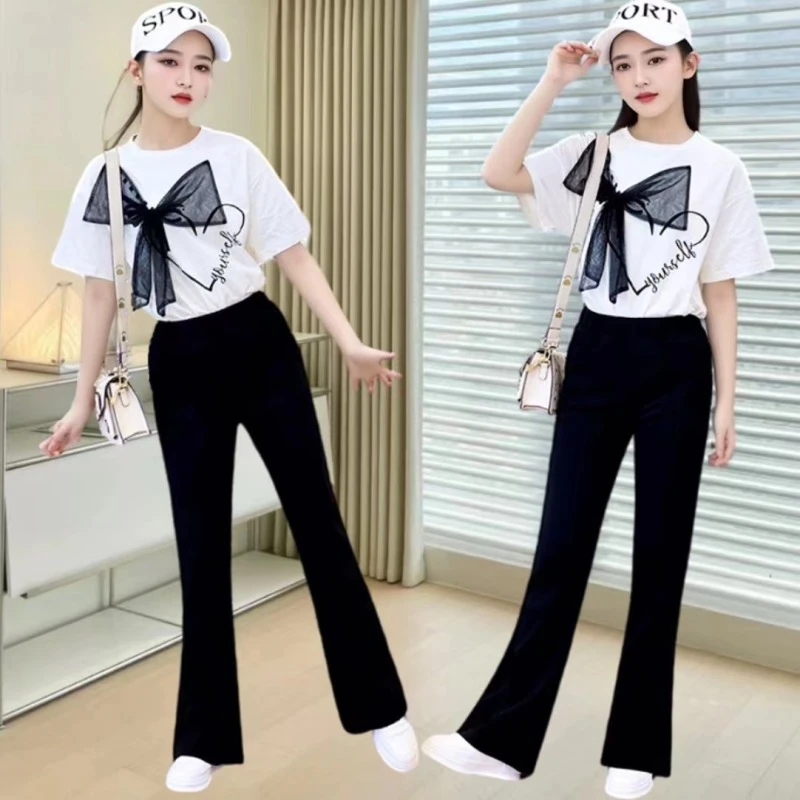 女童套装夏款2024新款中大童喇叭裤韩版12到15岁夏装大童女洋气潮