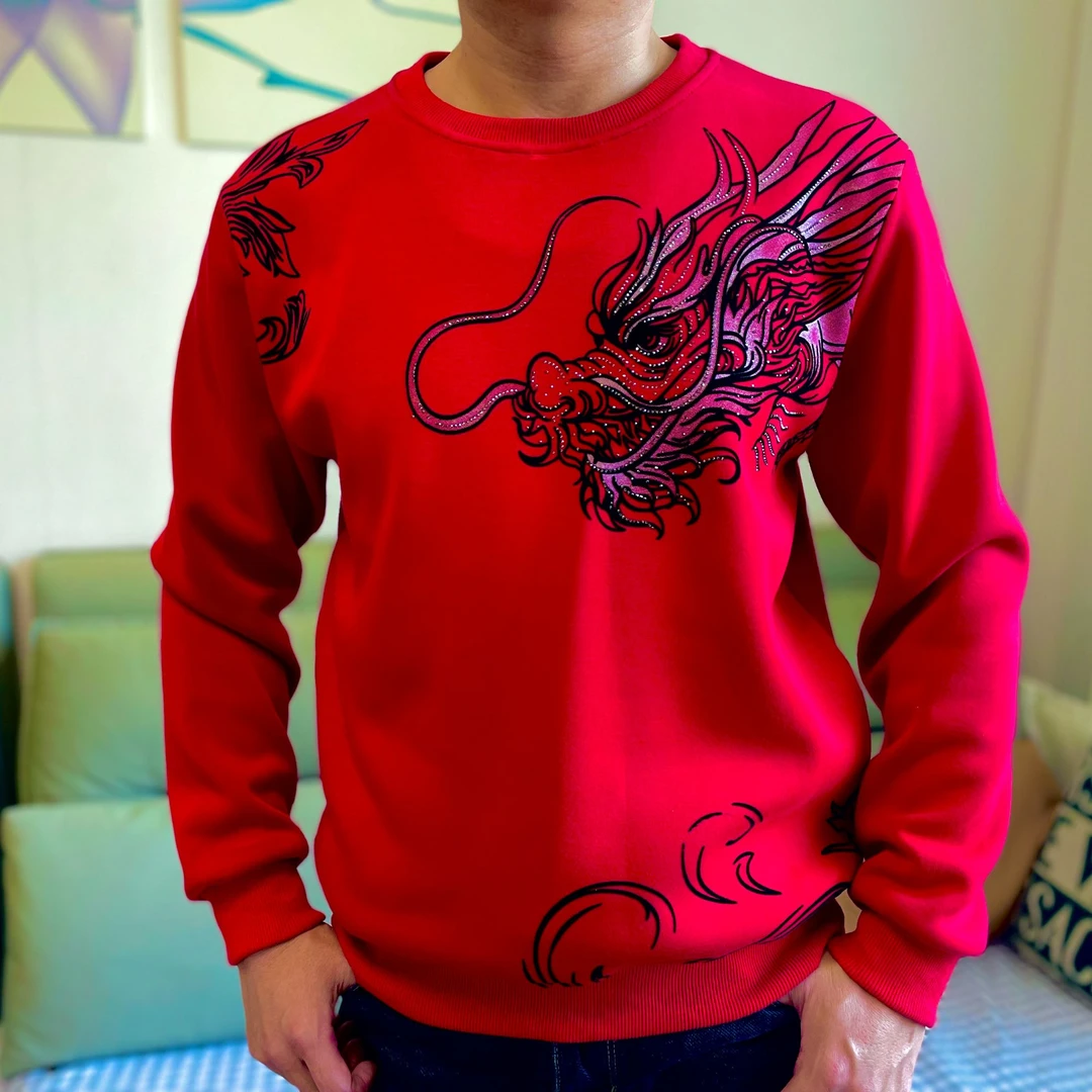 【升级款】秋冬男上衣加绒加厚圆领时尚长袖红色男款套头宽松百搭