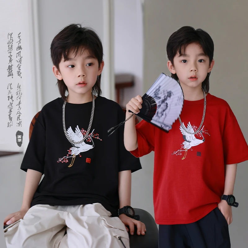 辰辰妈【仙鹤】男童夏装仙鹤国潮圆领T恤儿童国风短袖宽松上衣5969D