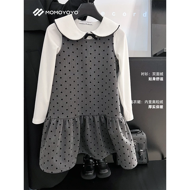 辰辰妈【俏皮甜心】春秋女童俏皮波点连衣裙套装反季7118D