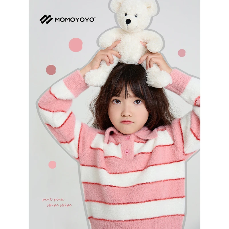 辰辰妈【草莓方糕】女童秋冬季条纹POLO领毛衣儿童针织衫6716D