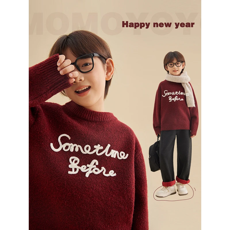 辰辰妈【当红不让】字母刺绣毛衣男童亲子过年红气圆领针织衫7241D