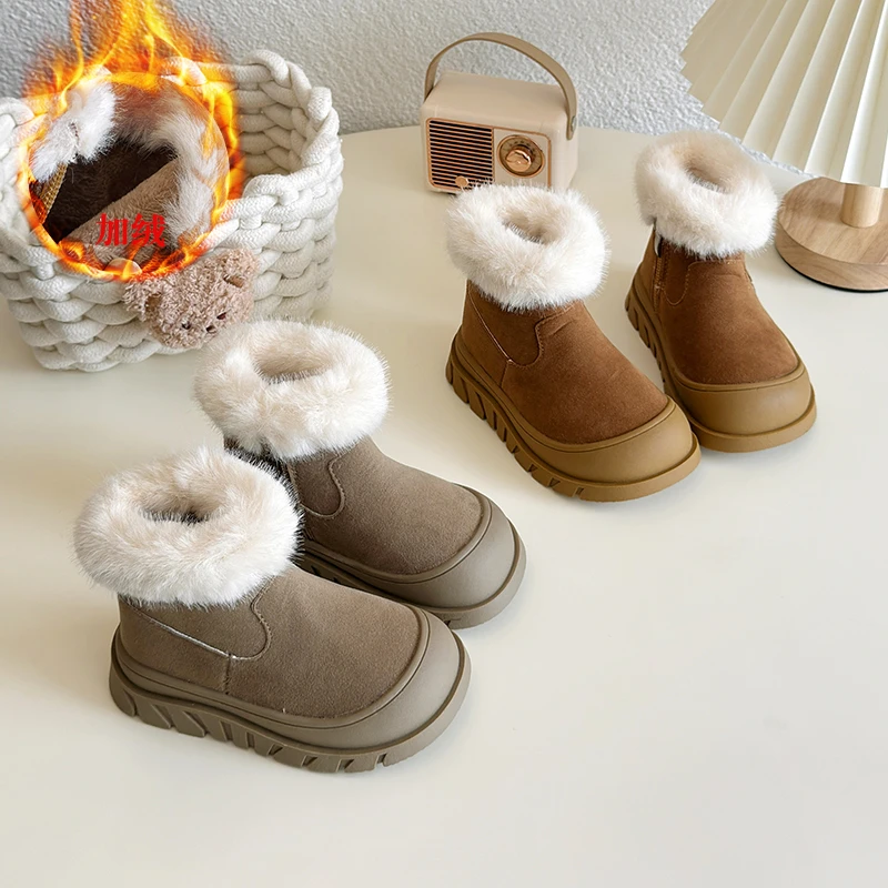 儿童雪地靴冬季2024新款女童毛毛靴皮毛一体加厚男童棉靴小童棉鞋