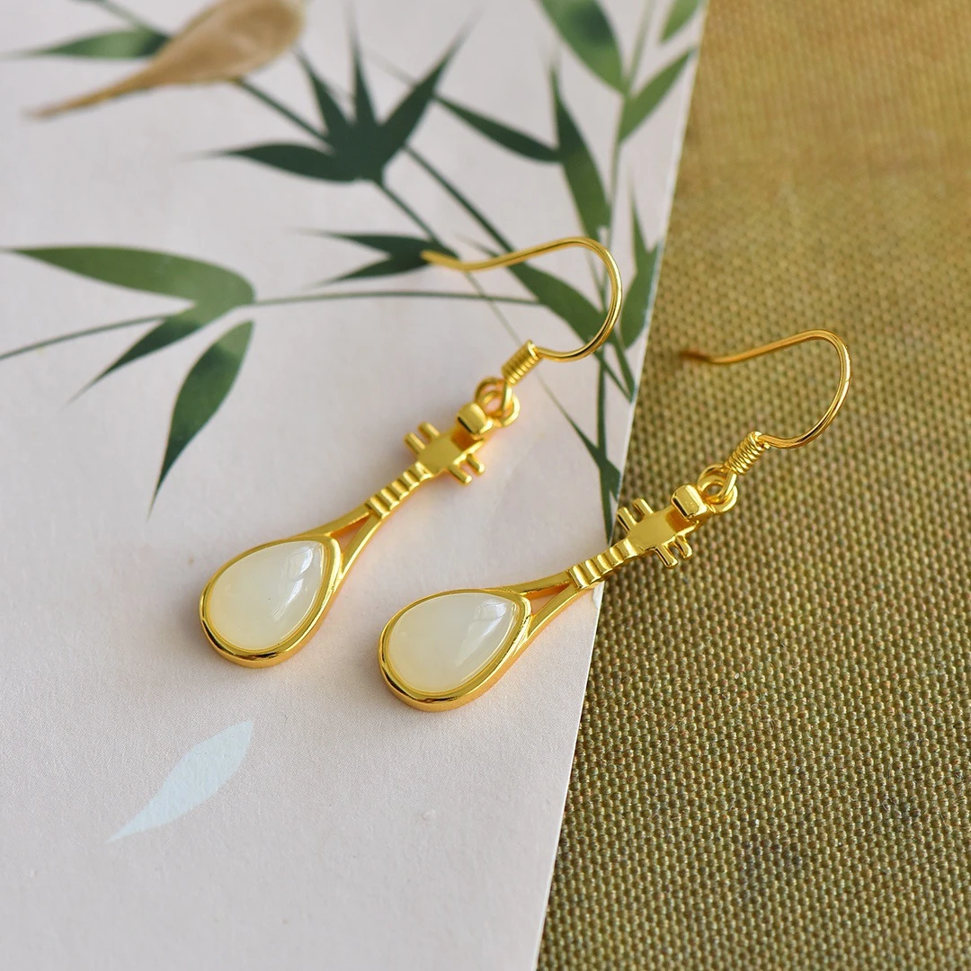 国潮风【高货版】和田玉纯银琵琶小众设计耳钩气质耳坠