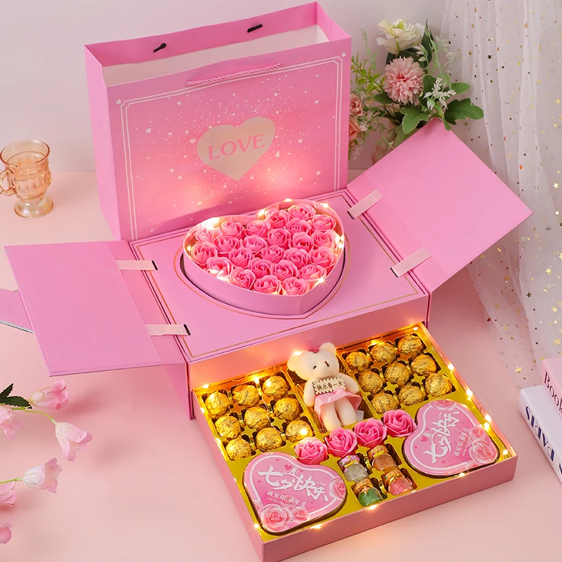 典趣巧克力爱心玫瑰花双层礼盒送男女朋友惊喜七夕情人节生日礼物